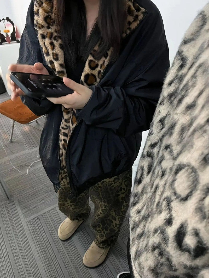 American Retro Harajuku Leopard Print Reversible Zipper Jacket Women Streetwear Trendy Casual Autumn and Winter Warm Plush Coat