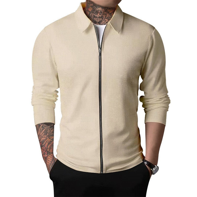 2024Summer Popular Waffle Outdoor Polo Collar Jacket Men's Coat Nick Garment Casual Sports Zipper Cardigan Long Sleeve Coat