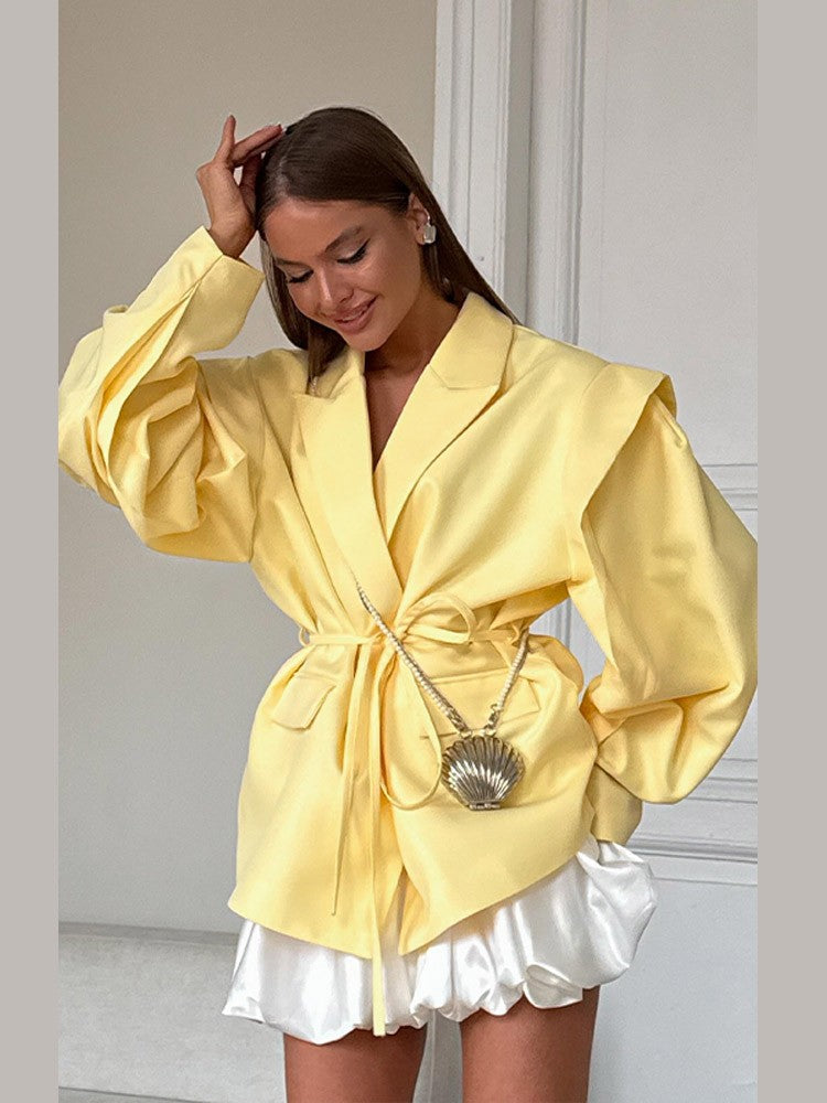 Lace Up Shoulder Pad Blazer Coat Women Elegant Turn-down Collar Long Sleeve Pockets Slim Fit Coats Chic Ladies Commute Outerwear