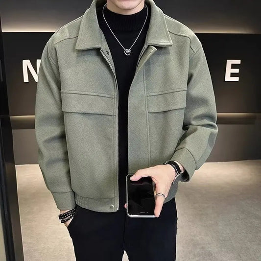 Men's Autumn Winter 2023 New High-end Feeling Cropped Woolen Jacket Casual Style Loose Fit Sweater Coat