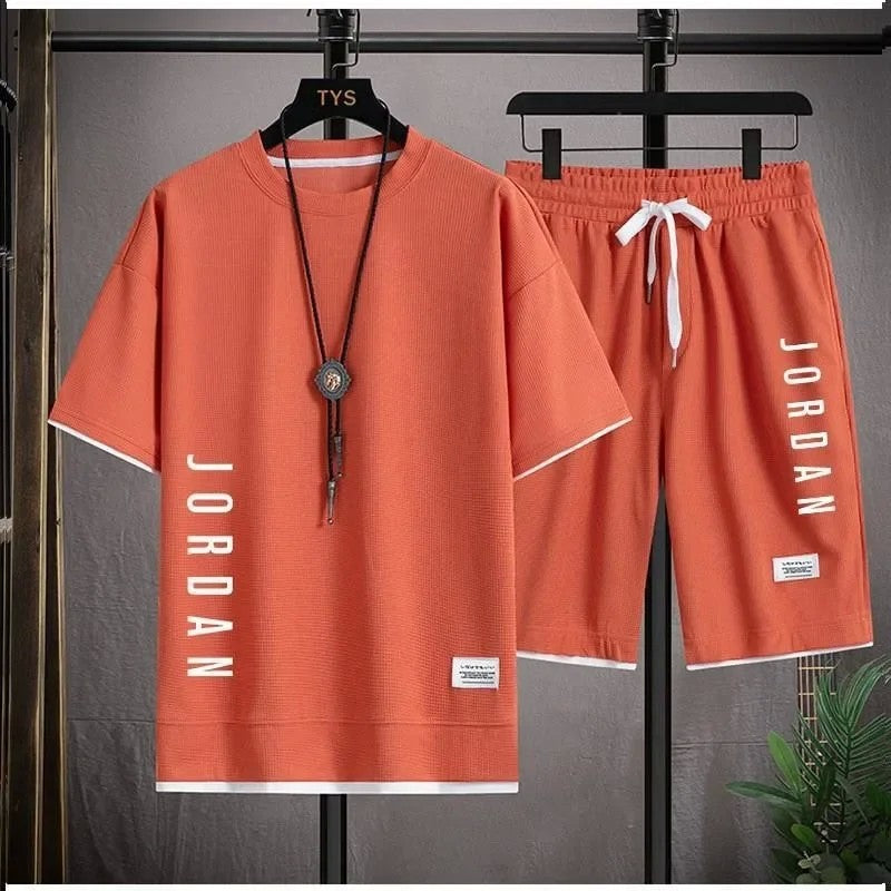 Summer men breathable quick dry jogging basketball sports suit fashion short-sleeved casual crewneck T-shirt + shorts two-piece