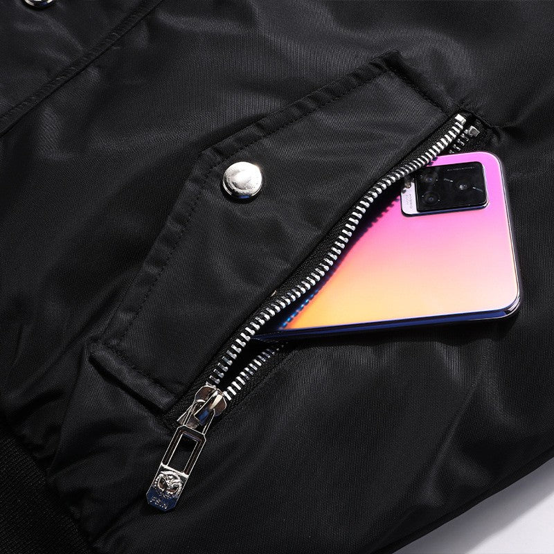 Winter Warm Thickened Hooded Jacket With Raw Edge Lined Aviator Jackets Embroidered Badge Design Outdoor Windproof Men's Coat