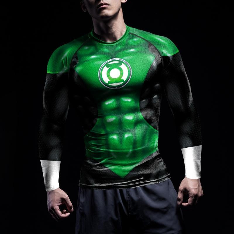 Superheroes Cosplay Costume Men Green Compression Shirts Lantern Printing Long Sleeves Tops Gym Sports Shirt Male Clothes