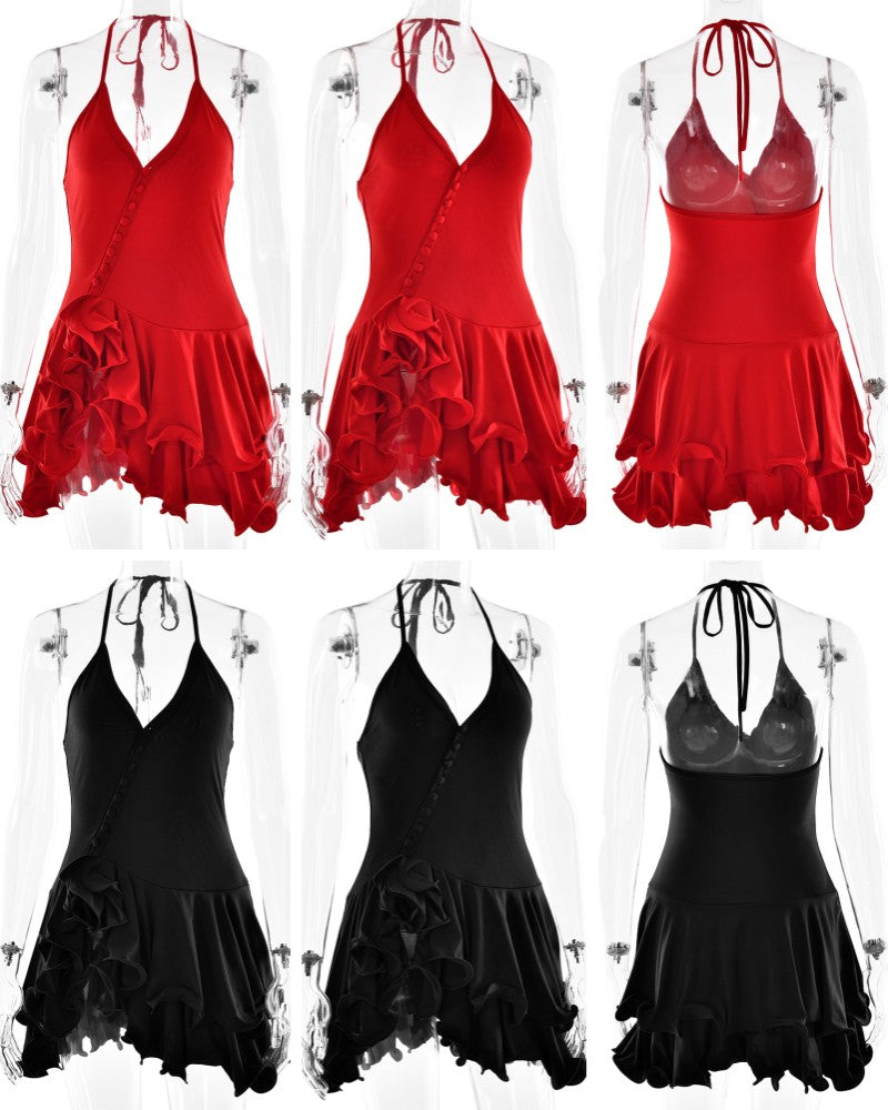 Absobe Women's A-Line Bodycon Mini Dress Ruffle Hem V-Neck Asymmetrical Buttons
