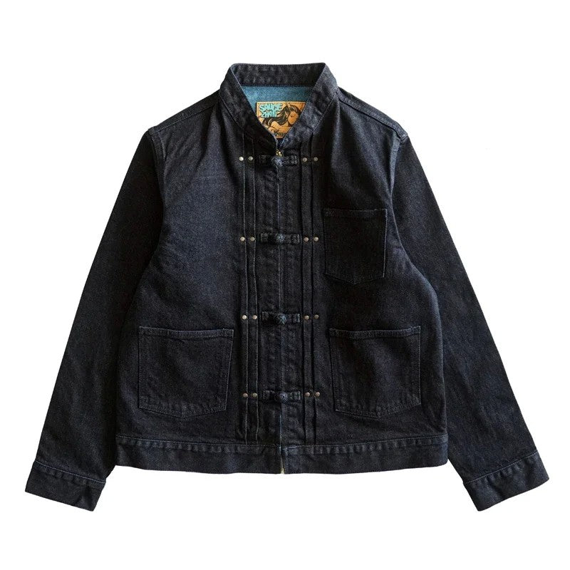 Sauce Zhan Mens Jacket Indigo Selvedge Denim Jacket Jean Jacket Men Vintage Chinese Style Knot Button Loose Fit