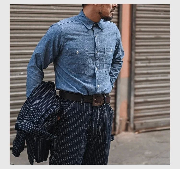 Non Stock Classic Chambray Shirt Spring Men's Two-Pocket Workshirt Light Blue