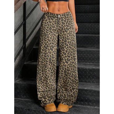 Female Retro Designer Straight Leg Jeans Pants Lady Fashion High Waist Denim Pants Women Leopard Print Baggy Trousers
