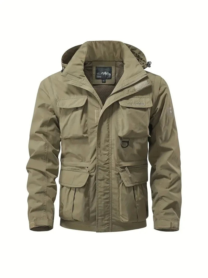 Men's Casual Waterproof Multi Bag Cargo Jacket Vest Suitable for Outdoor Activities Detachable Windproof Hooded Jacket Jacket