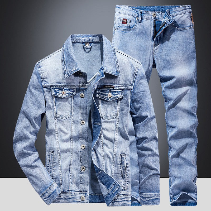 Sets Blue Jean Jackets Men's Fashion Multi Pockets Loose Casual Cotton Vintage Street Cowboy Coats Brand Clothes Denim Pants Men