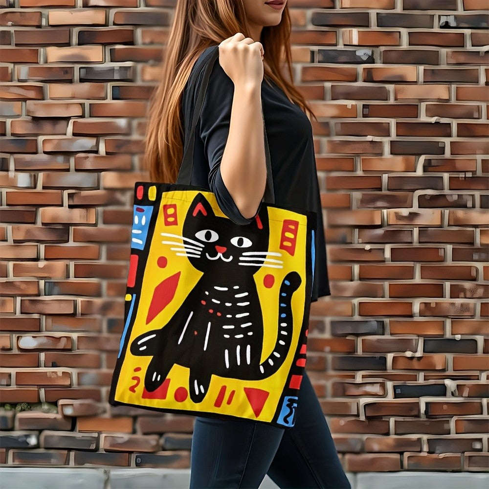 1pc Graffiti Cat Polyester Tote Bag, Durable Rectangle Shopping Bag, Ideal for Easter, Ramadan