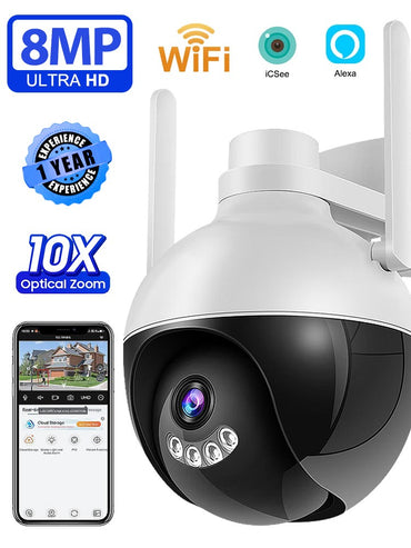 4K 8MP WiFi PTZ IP Camera Human Body Detection Indoor Outdoor Waterproof Color Night Vision Home Security Surveillance System