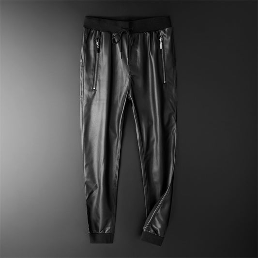 Men's Leather Pants Superior Quality Elastic Waist Jogger Pants PU Leather Motorcycle Trousers Biker's Pants