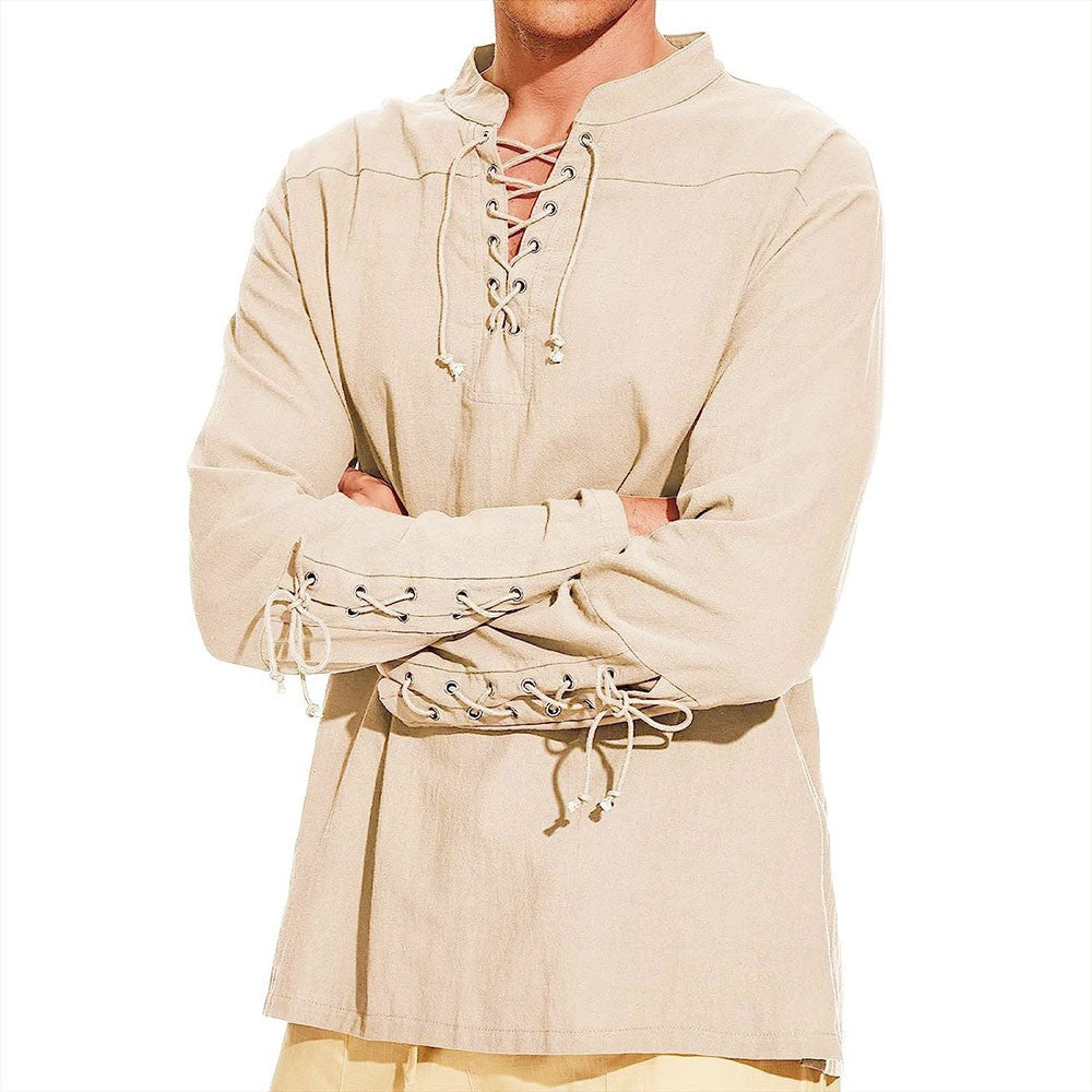 Cotton Linen Shirts for Men Medieval Costume Beach Tops Shirt Pull on Male Loose Casual Streetwear Cosplay Long Sleeve