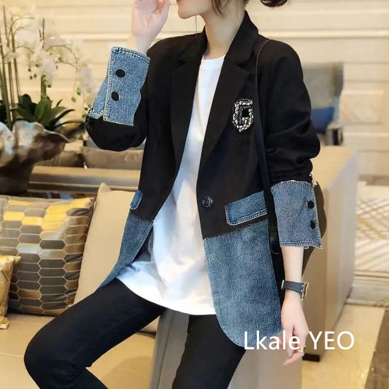 New Autumn 2025 Fashion Korean Version Loose Women Denim Jacket Splicing Suit Ladies Denim Outerwear Elegant Female Jeans Coat
