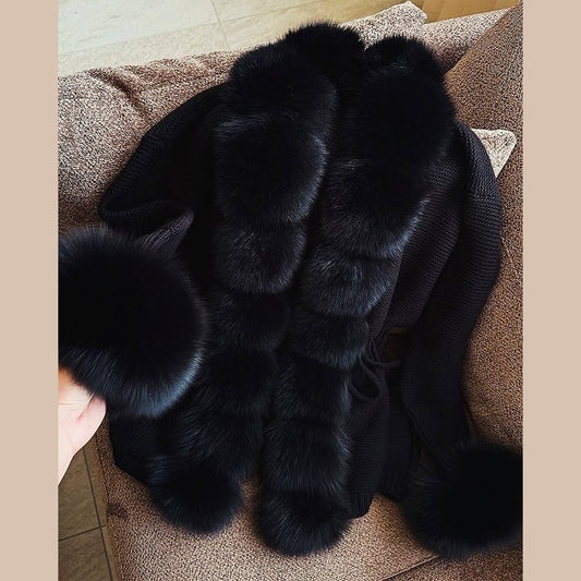 Elegant Knitted Faux Fur Patchwork Women's Coat Thicken Lady Coats 2025 Autumn Winter Chic Female Street Warm Outerwears