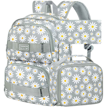 3PCS Daisy Girls Backpack, 17 Inch Laptop School Bookbag Teen College Water Resistant Kids Backpacks with Lunch Box Set - Grey