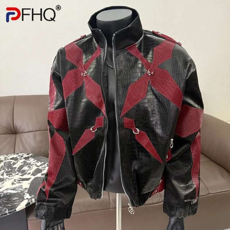 PFHQ Men's PU Leather Jacket 2025 Zipper Stand Collar Contrast Color Korea Fashion Darkwear Male Tops Casual 21E2807