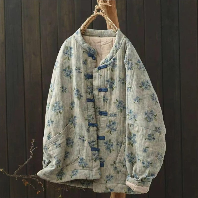 Johnature Vintage Buckle Floral Print Chinese Style Parkas 2025 Woman Winter New Long Sleeves Loose Single Breasted Parkas