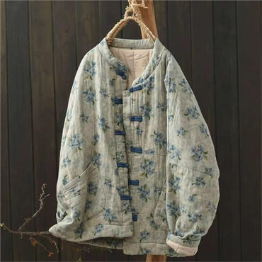 Johnature Vintage Buckle Floral Print Chinese Style Parkas 2025 Woman Winter New Long Sleeves Loose Single Breasted Parkas