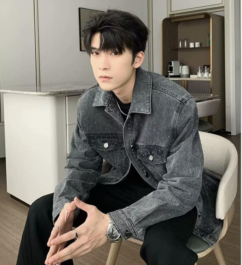 American Trendy Denim Jacket Mens Make Old Flash Diamond Fashion Outwear Spring Single-breasted Street Couple Cowboy Coats