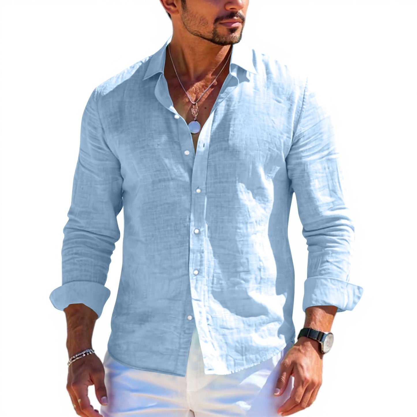 Men's tops long sleeve new style shirt cotton linen cool solid color loose lapel casual beach style cardigan spring and summer