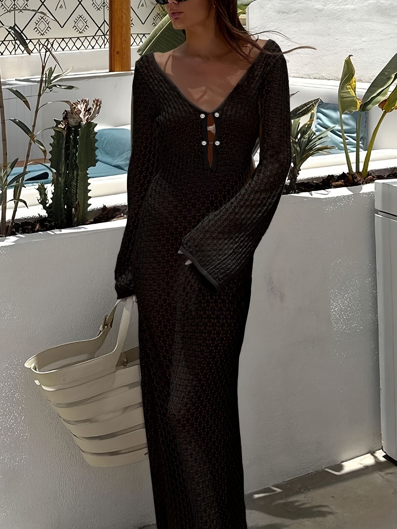 Sexy Women White Long Knit Sleeve Bikin Fashion Cover up Female See-Through Deep