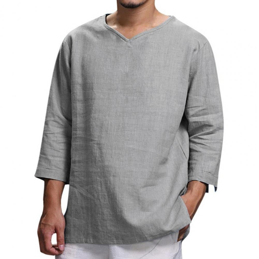 Cotton And Linen Men New 3/4 Sleeve Loose Solid Casual Large Pullover Shirt Leisure Summer Spring Long Sleeves Men Casual Shirt