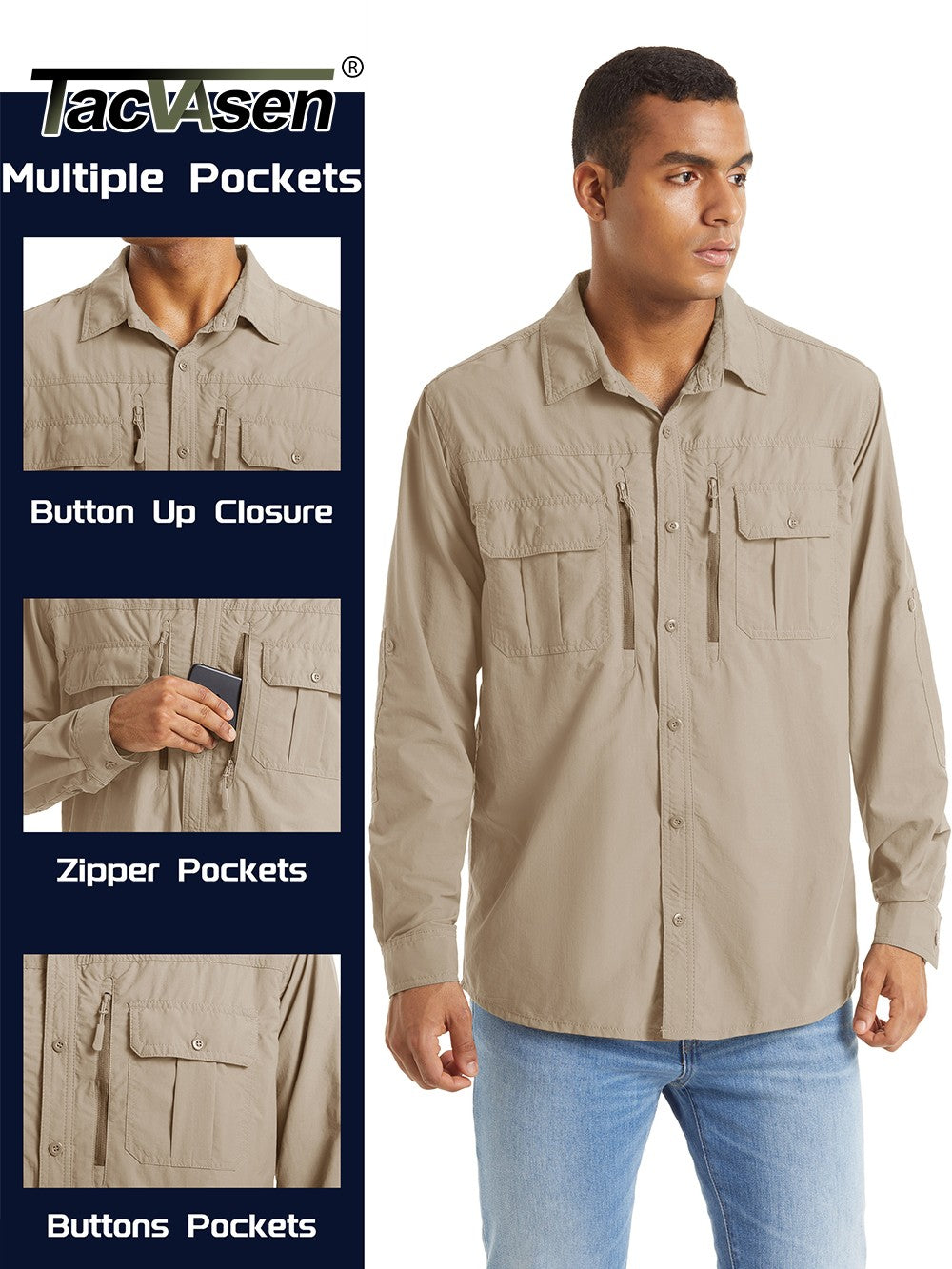 TACVASEN Summer Cargo Shirts Men's Mesh Breathable Long Sleeve Multi-Pockets Work Shirts Quick Dry Hiking Fishing Shirt Outdoor