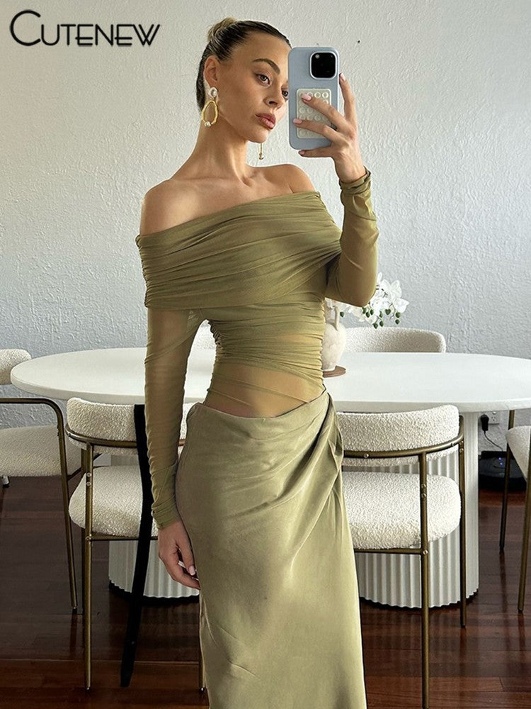 Cutenew Mesh Ruched Women Maxi Dress Sexy See Through Off Shoulder Long Sleeve S