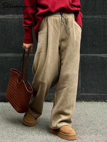 Streamgirl Women Winter Corduroy Pants Dark Brown With Thick Warm Fleece Trousers Corduroy High Waist Loose Pants For Women