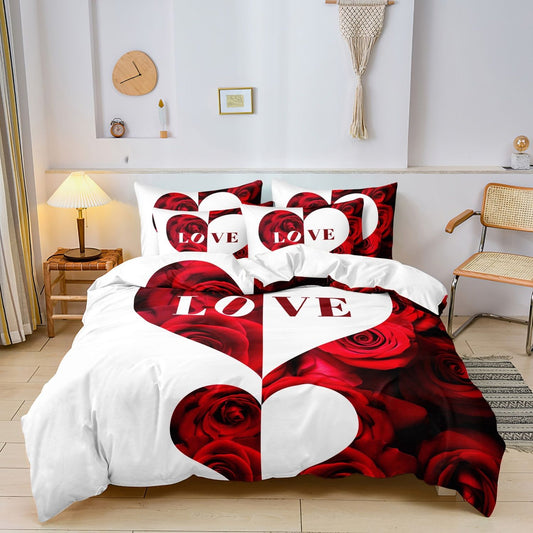 3pcs Red And White Heart Rose Lettering Print Bedding Set Romantic Design Soft Fabric Home Dormitory High-Definition?DMQ181?