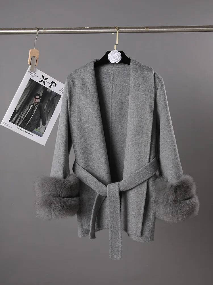 UCXQ Casaco Feminino Elegante OL para Escritório com Retalhos de Pelo Manga Comprida Lã Jaqueta de Roupa Feminina Bonita Outono Inverno 2025