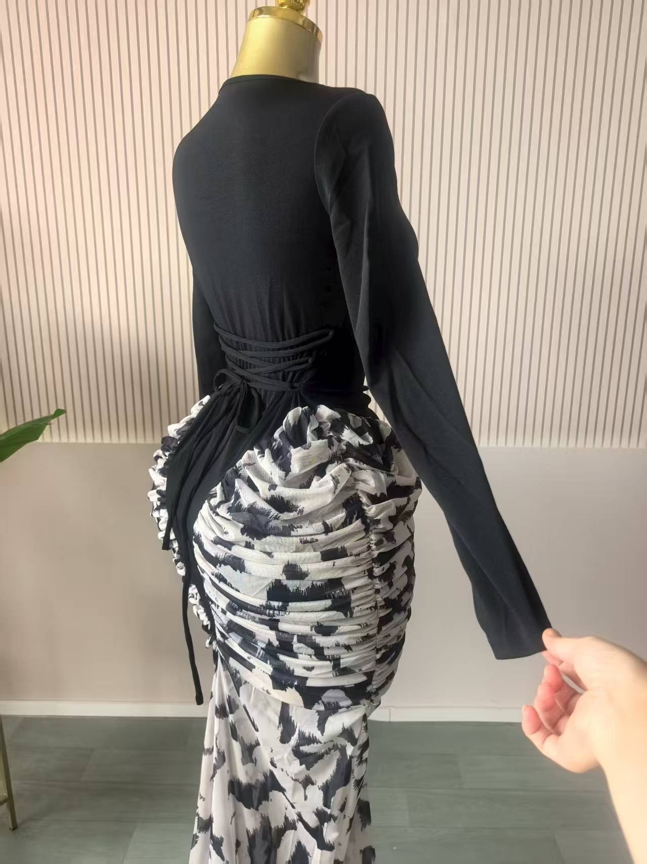 CM.YAYA Women Print Patchwork Stacked Ruched Long Sleeve Bodycon Midi Maxi Long