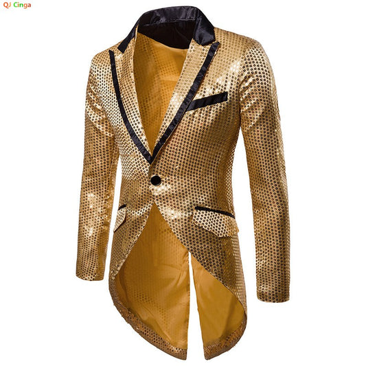 Gold Men's V-Neck Long Sleeve Tuxedo, TV Performance Magic Long Jacket Shiny Sequin Decoration Red Blue Black Blazer S-XXL