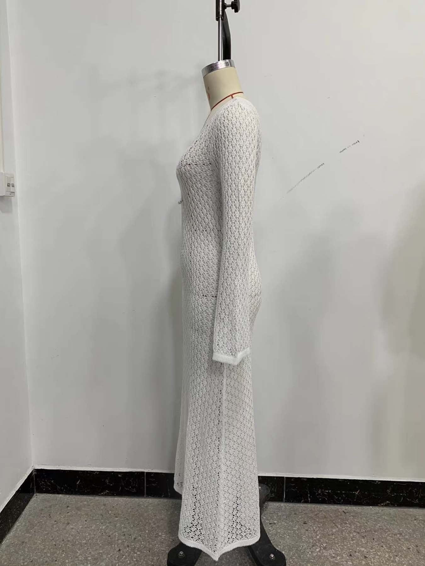 Sexy Women White Long Knit Sleeve Bikin Fashion Cover up Female See-Through Deep