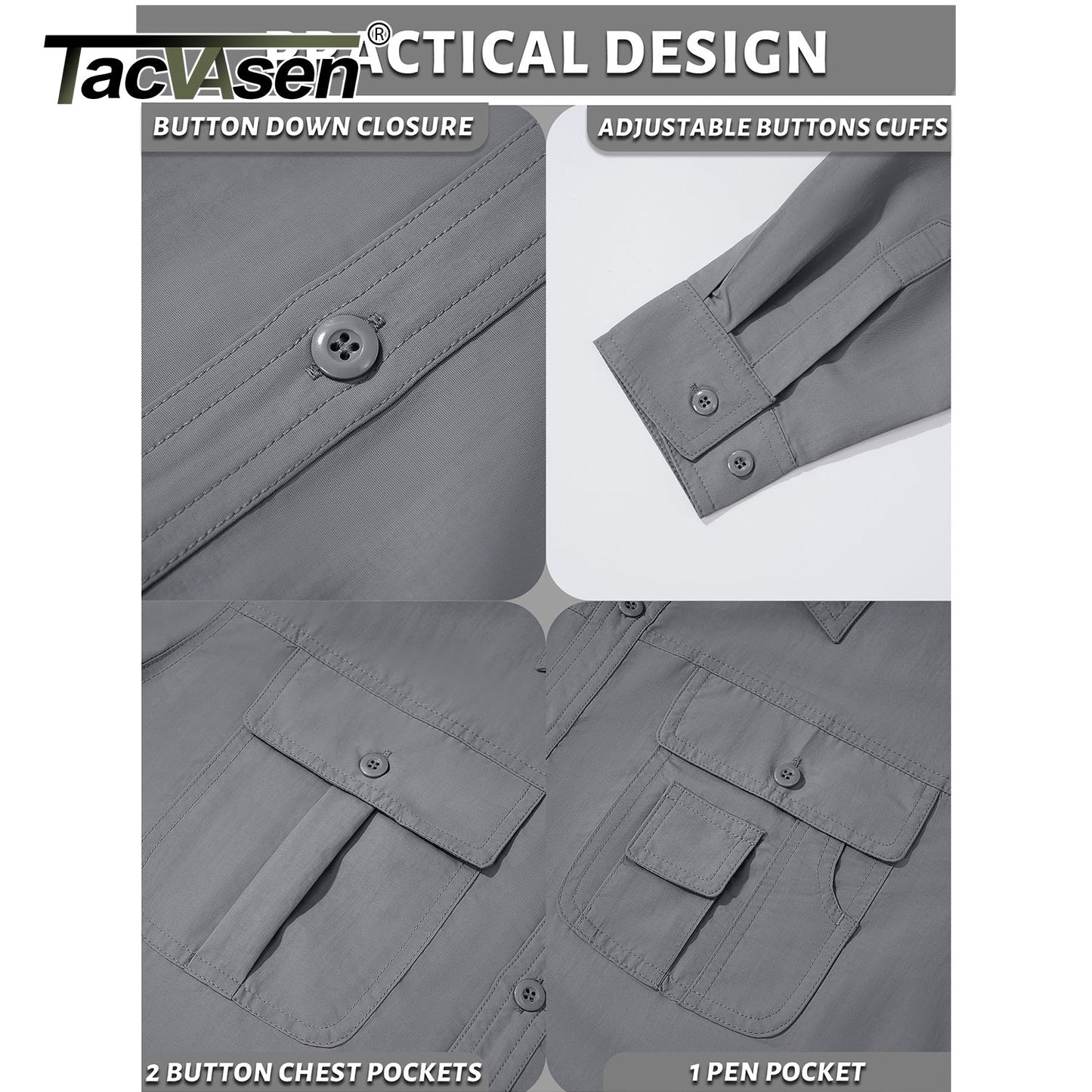TACVASEN Summer Quick Dry Long Sleeve Cargo Work Shirts with Pockets Mens Safari Hiking Shirts Button Down Shirts Clothes Males