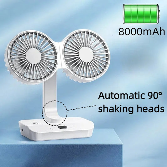 Multi Function Double Head Shaking Fan with 4 Gears Adjustable Speed HD Digital Display Night Lights Portable Cooling Fan