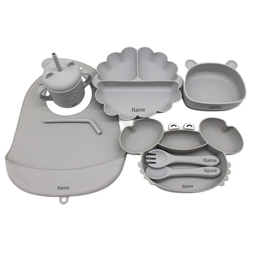 Free Name Printing Children's Tableware Set: Bib, Plate, Cup, Fork & Spoon. Silicone Material. Personalized Gift.