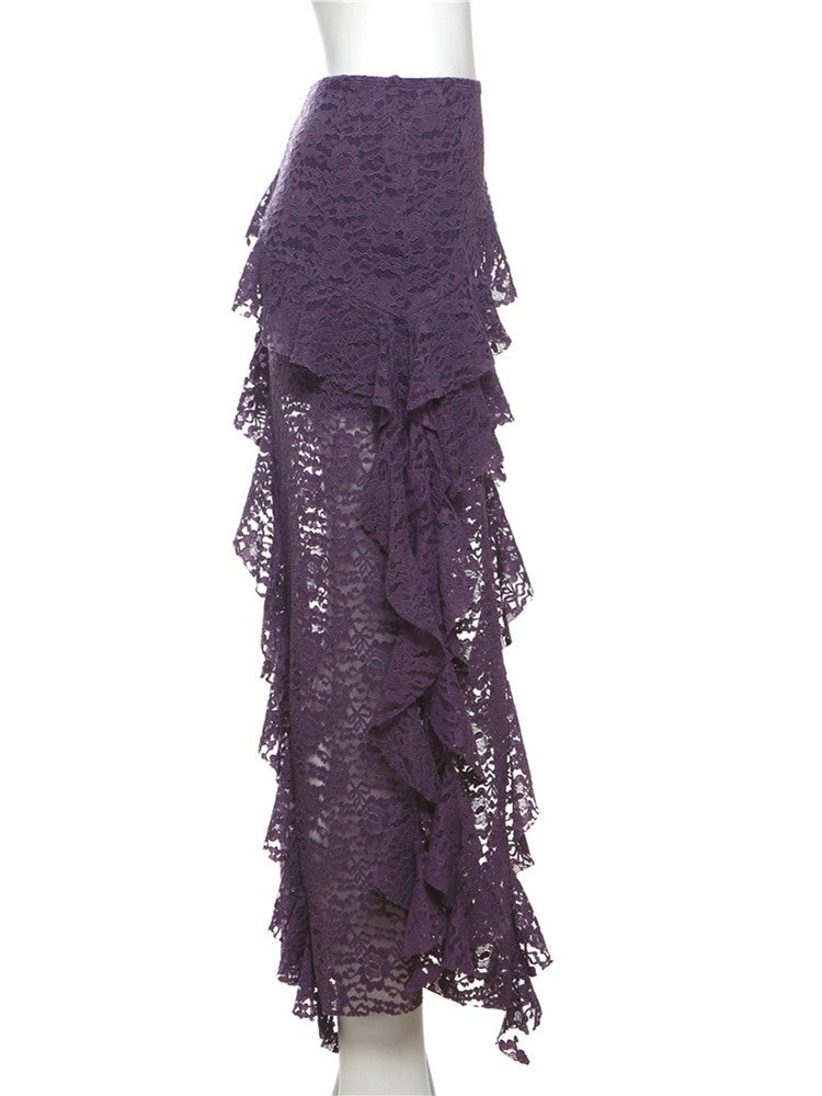 Nibber Tassels Women Skirts Irregular Hem Multi-Layered Ruffles Lace Patchwork S