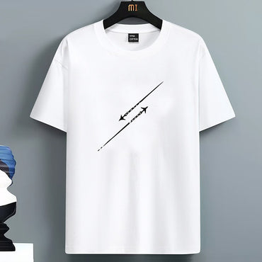 Men's Summer 100 Pure Cotton Fashionable Casual Loose Minimalist Airplane Pattern Printed Round Neck Short Sleeved T-shirt Top