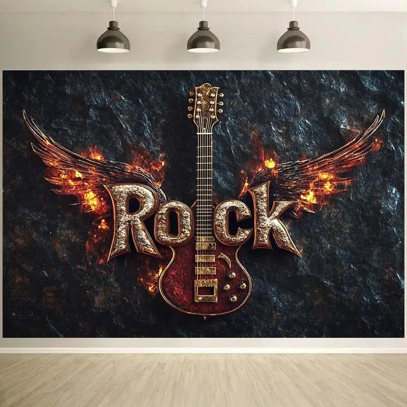 Rock Music Guitar Wall Art Flame Wings Design Band Room Decor Heavy Metal Theme 2D Flat Print Home Decoration