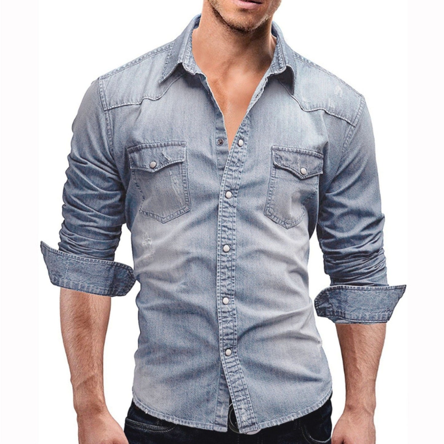 Men'S Autumn Fashion Clothing Casual Fashion Long Sleeve Lapel Shirts Solid Color Denim Washed Shirt Men'S Tops