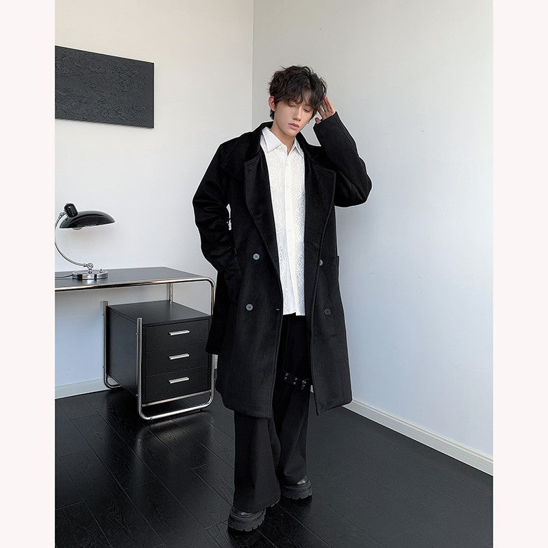 Men's Double-Breasted Wool Blend Overcoat with Belt Loose Fit Solid Color Stand Collar Mid-Length Trench Coat for Autumn Winter