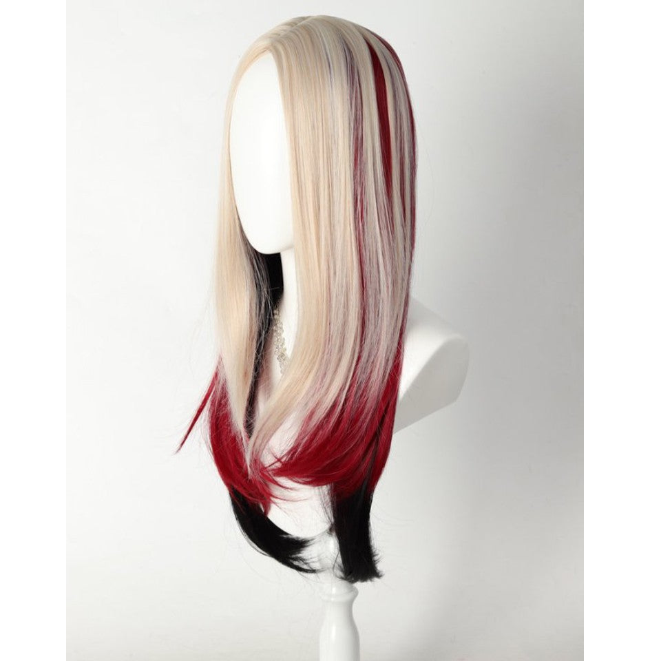 Peruca Sintética Longa Lisa em Camadas Destacada em Gradiente Vermelho Preto Branco Dourado Adequada para Cosplay Cabelo Resistente ao Calor