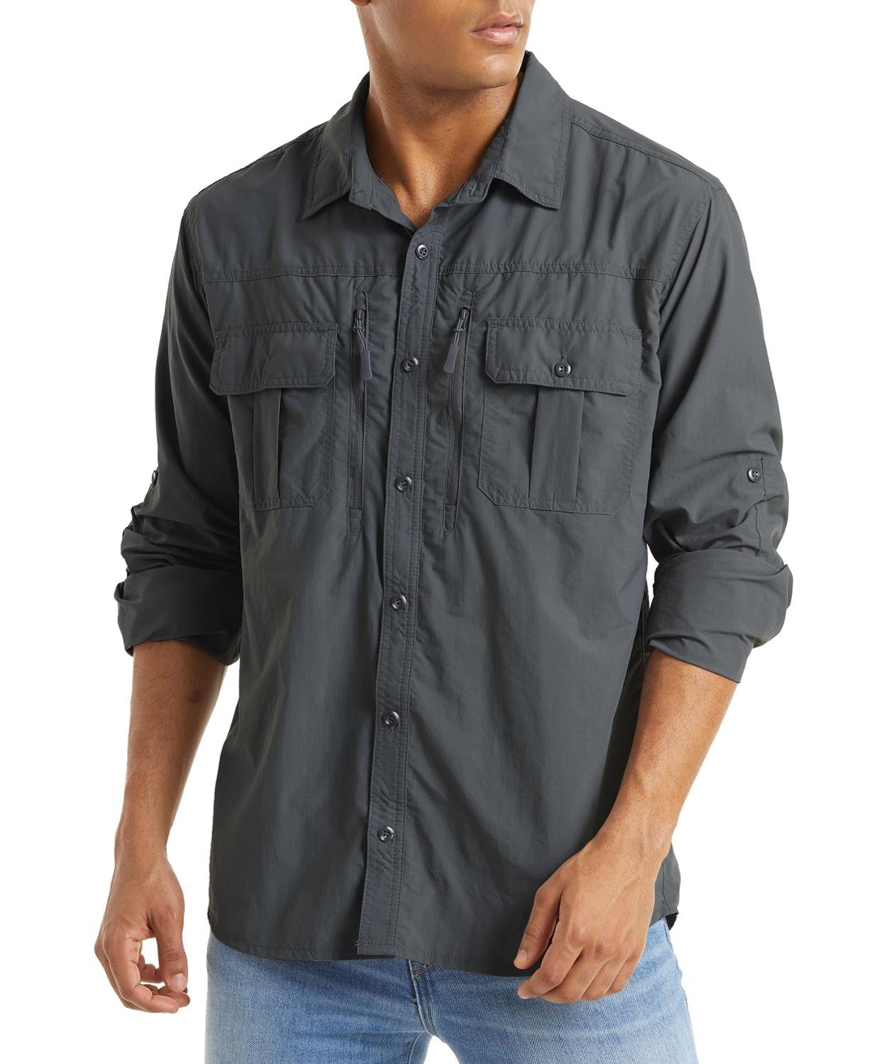 TACVASEN With 2 Chest Zipper Pockets Cargo Shirt Men's Quick Drying Skin Protective Long Sleeve Work Shirt Male Tops Outdoor