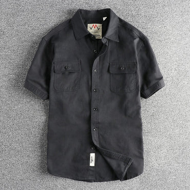 2024 Summer New American Retro Short Sleeve Lapel Cargo Shirt Men's Simple 100% Cotton Washed Double Pockets Casual Blouses