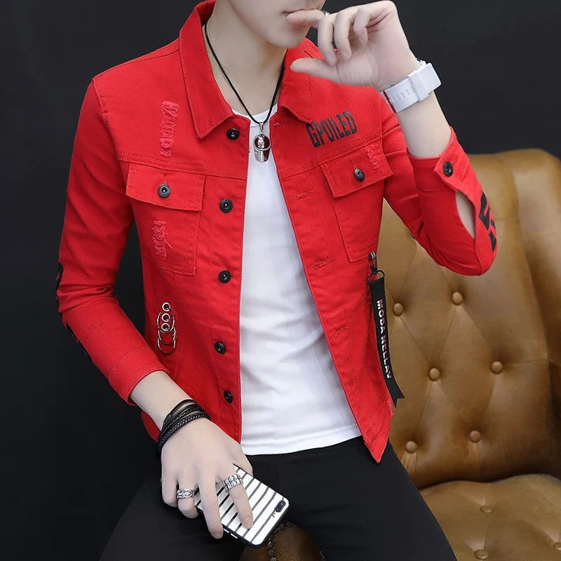 spring autumn New Men's Casual Cotton Denim Jacket Classic Style Fashion Slim Washed Retro Letter printing Jean Casual Coats