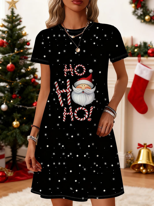 2025 New Snowman & Christmas Print Short Sleeve Dress Black with White Snowflakes & Red Hats Women's A-Line Dress Party Outfit