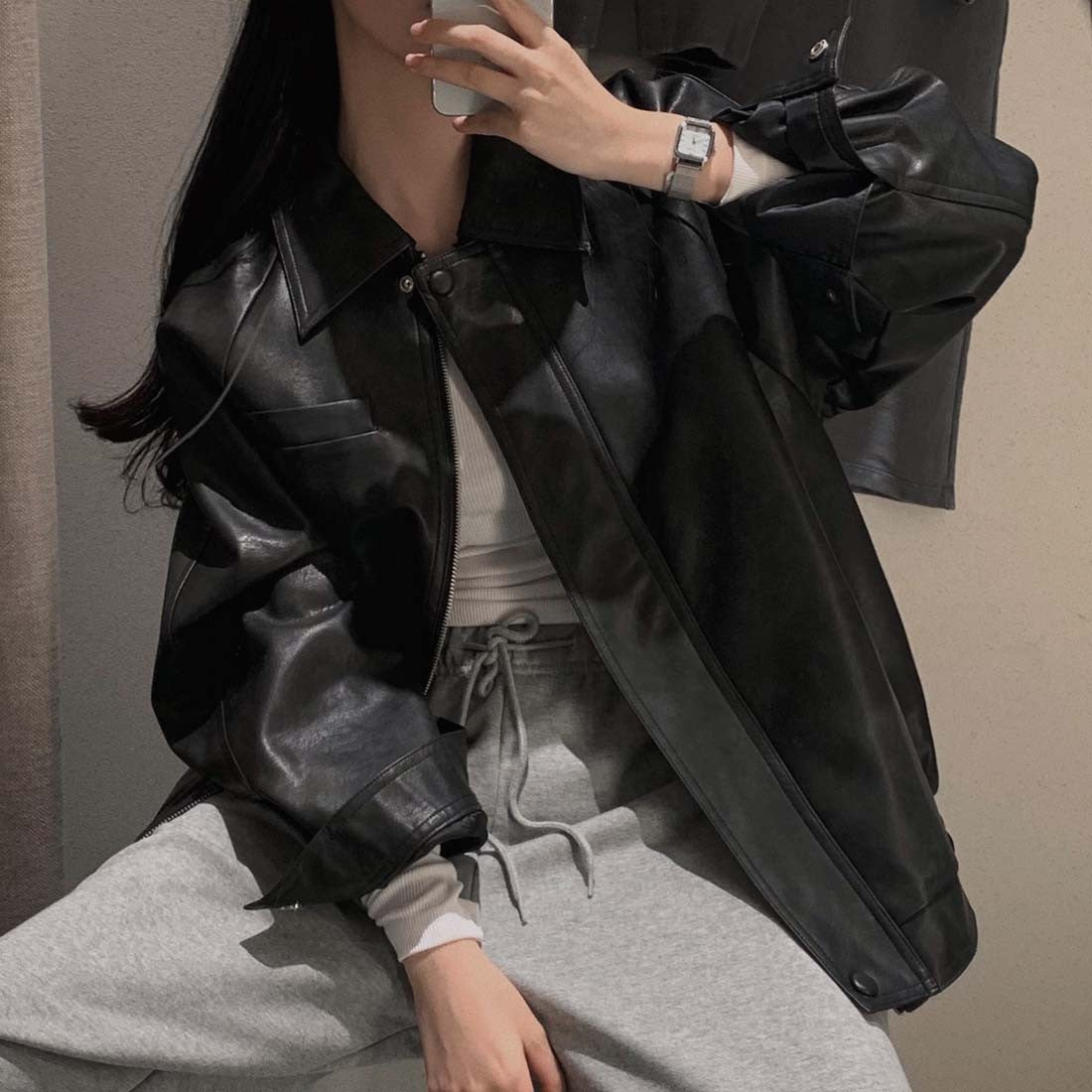 Sli Loose PU Leather Jaet Women's Chic Retro Collar Versatile BF Sle Motorcycle Clothes Trendy Long Sve Zipper