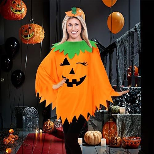 Halloween Party Adult Pumpkin unisex Costume Cloak Pumpkin Shawl Pumpkin Hat Headband Set Holiday Dress Up Cosplay